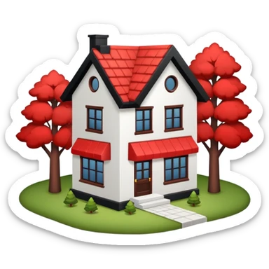 Dom parterowy z czarnym dachem i biała elewacją ze wstawkami z czerwonej cegły.Na drugim planie las. sticker