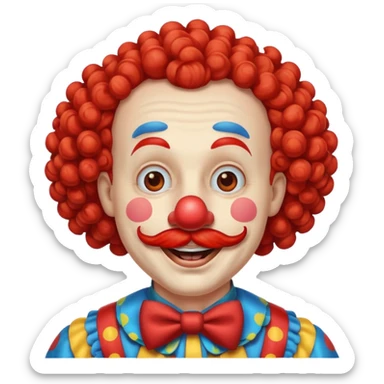 Classic clown — curly mustache, red nose sticker