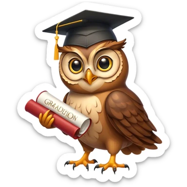 Owl smiling with graduation hat and diploma in claws sticker