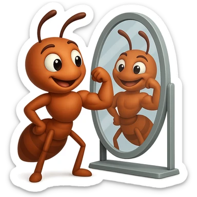 EMOJI STILE IPHONE 3D DI una formica che si guarda allo specchio felice e sicura di sè mentre contrae il suo bicipite muscoloso, fagli anche la parte bianca degli OCCHI, non solo la pupilla sticker