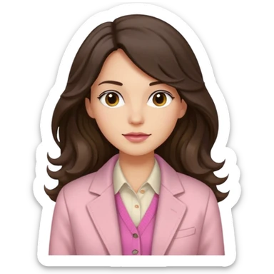 Portrait of woman with dark long wavy hair in white shirt, pink sweater and beige jacket sticker