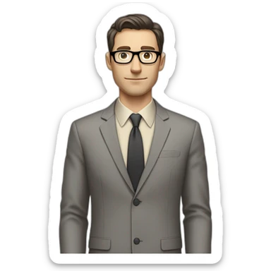 Full height Pale skinned Fit Man With dark brown hair in classic gray suit, beige office shirt, dark gray tie, and vintage glasses. His hands lock sticker