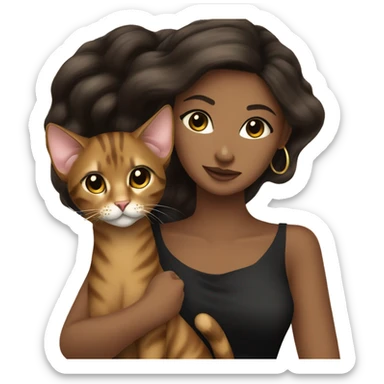 Beautiful skinny woman long dark brown hair in dark dress with gold earrings hug bengal cat sticker