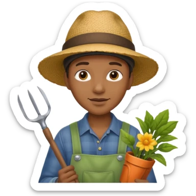 black gardener holding gardening tools, with hat sticker