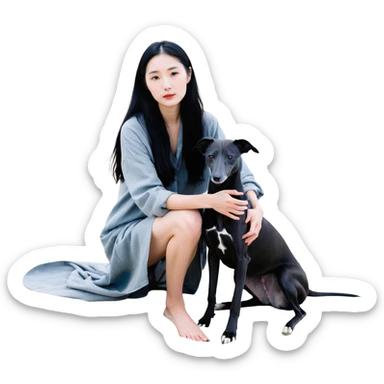A very beautiful and attractive 25-year-old Chinese woman with long flowing black hair and a SOLID DARK GREY whippet sitting together on a beach during a beautiful sunset. The whippet MUST be COMPLETELY SOLID DARK GREY with ABSOLUTELY NO WHITE MARKINGS ANYWHERE - no white chest, no white face, no white paws, no white tip on tail - ENTIRELY ONE SOLID DARK GREY COLOR throughout the entire dog. Orange and red sunset sky over the ocean, sandy beach in the foreground. sticker