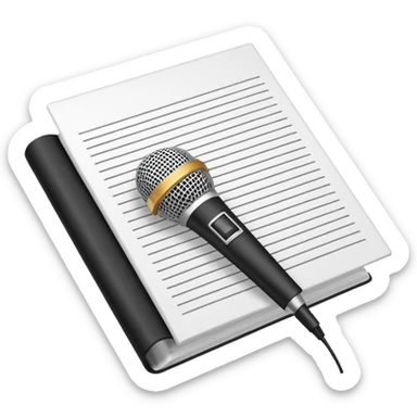 minimalist oconography design: white document with a folded top-right corner and horizontal lines, outlined in a brick pattern. At the top center of the document is an icon indicating ai. In front of the document a microphone icon sticker