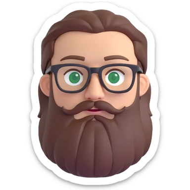 white male mid 30s green eyes black square glasses long brown beard with medium length brown hair sticker