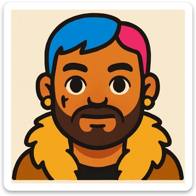 Create an emoji style image of a character with short blue and pink hair, beard, earrings, facial tattoo, wearing a fur coat, and natural skin tone. The style should resemble emoji style. sticker
