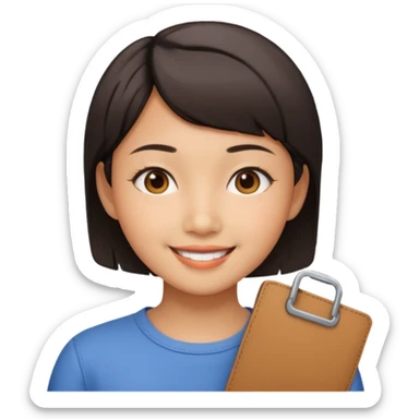 A short-haired Asian girl with a work permit sticker