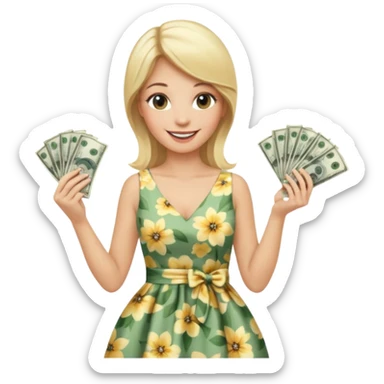 rich long straight hair blonde australian millionare woman holding a lot of money wearing cute floral dress sticker