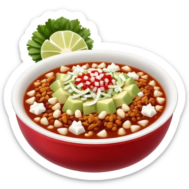 A delicious hot bowl of pozole rojo emoji. Steam rising. Hominy visible. Place the sides next to the bowl: chopped onions, shredded cabbage, lime wedges, red chile de arbol salsa, and full round tostadas sticker