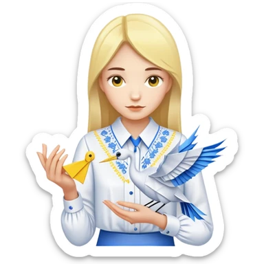 A Ukrainian young girl wearing a white embroidered shirt holds an origami yellow-blue crane sticker