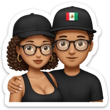 A picture of an embracing tanned couple. the man is a Mexican man with tanned skin, with a bald hair cut wearing a SnapBack hat and a black shirt. the woman is mixed, she has curly longer dark brown hair, thicker and with big boobs and she has glasses sticker