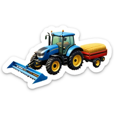 An icon representing a farming simulator, with a detailed tractor plowing fields under a bright sky with rural landscape. The design includes farming tools, crops and barns, symbolizing the immersive experience of managing a farm. Transparent background. sticker