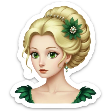 lady with Pale complexion, sharp features, high cheekbones, Blonde hair, green eyes, Regency-era elaborate updo, voluminous hairstyle, feathered ornaments sticker