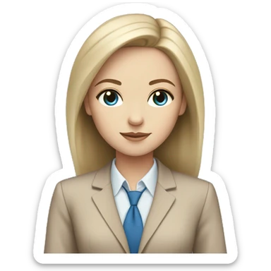 white girl with blue eyes and straight dark brown hair in a beige suit sticker