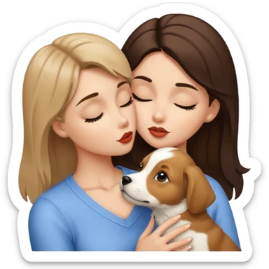 White and tan puppy kissing brunette woman sticker