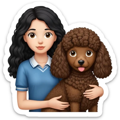 A girl with long straight black hair holding a curly brown giant poodle sticker