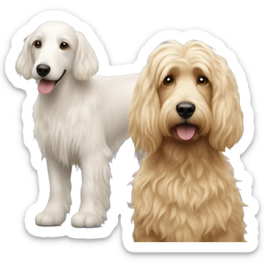 white woman with long blonde hair alongside a bernadoodle dog  sticker
