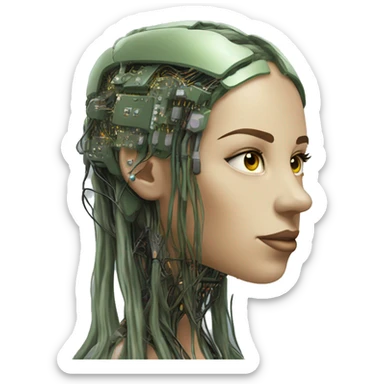 Olive green long hair female cyborg head with circuits sticker