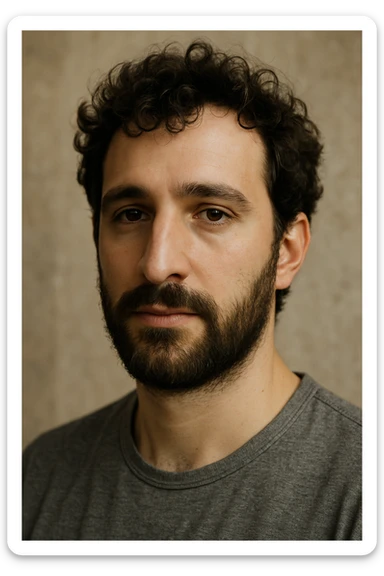 portrait of an attractive white man with curly dark brown hair, beard, slightly large nose sticker