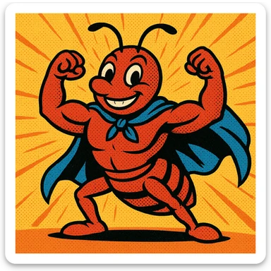 A picture of a cartoon any wearing a superhero cape and flexing its muscles sticker