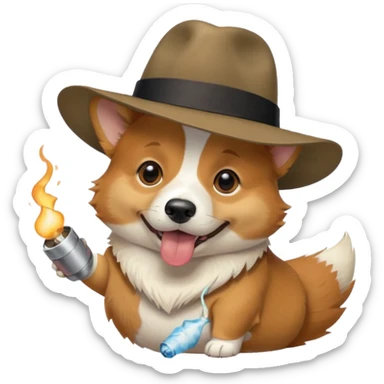 Corgi with a fedora and a joint sticker