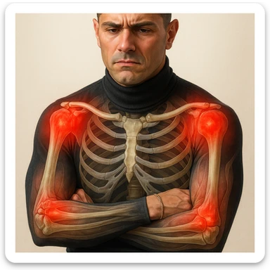 Create a series of 5 vertical images of a man (reference photo) with widespread joint pain, highlighting inflammation with an anatomical view. Show red zones on the joints, medical style, anatomical details, hyperrealism, variation 5. sticker