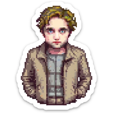 Robert Pattinson in pixel art, classic look, neutral expression, blocky pixel style sticker
