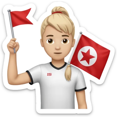 A pony tail hair boy holding a big team flag, waving it proudly with a determined expression. sticker