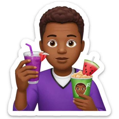 A black male eating KFC chicken and watermelon with a purple drink on the side ￼ sticker