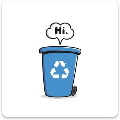 hand-drawn blue bin with a smile, speech bubble with 'hi' sticker