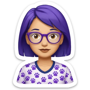 50-year-old woman with hair that is navy blue, purple glasses, and brown eyes, in a shirt with small pawprints all over it. sticker