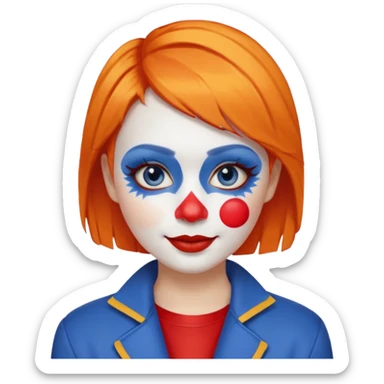 Orange short hair.

White face paint with blue eye makeup and a red nose.

Bright smile with red lips.

Wearing a red jacket over a yellow shirt. sticker