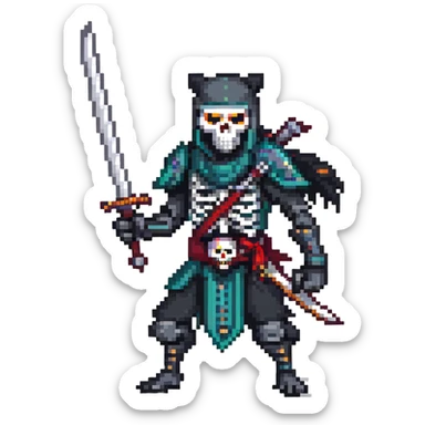 pixel art ninja skeleton wielding swords, accompanied by a fierce black wolf sticker