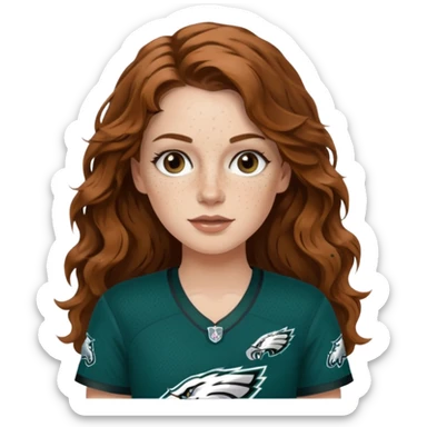 White girl with thin long brown wavy hair and freckles wearring a Philadelphia eagles jersey sticker