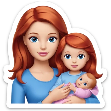 A barbie girl with makeup with brown hair with a baby, a daughter, a girl with red hair, holding her hand in blue clothes sticker