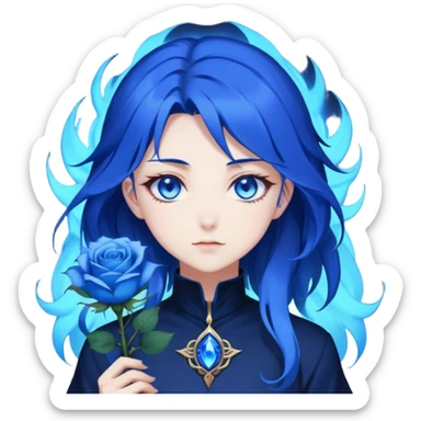 anime girl with dark blue hair, blue rose in hair, glowing blue eyes, Solo Leveling style, sharp features, blue magical aura, 2D emoji sticker