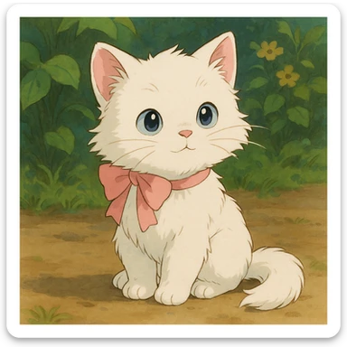 cute fluffy white kitten with a light pink bow, ghibli style sticker