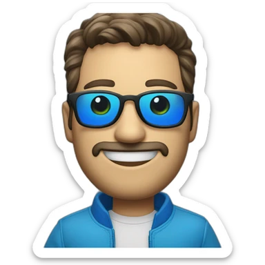 Un hombre rubio con chaqueta azul con manchas blancas en su chaqueta feliz con lentes lasers de color azul  sticker