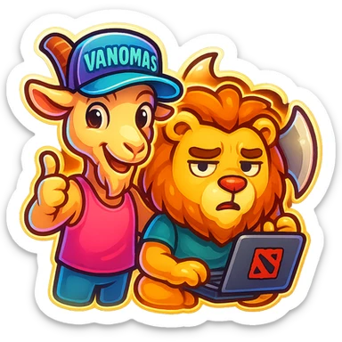 Add a humanoid goat character next to the existing subject, wearing a pink tank top and a cap with the inscription 'VANOMAS', in the style of a Telegram sticker, maintaining transparent background. sticker