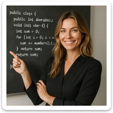 Smiling European woman, dark blonde beachy long hair, green eyes, black long-sleeved blouse, business attire, no glasses or chain, in a teaching pose, software developer sticker