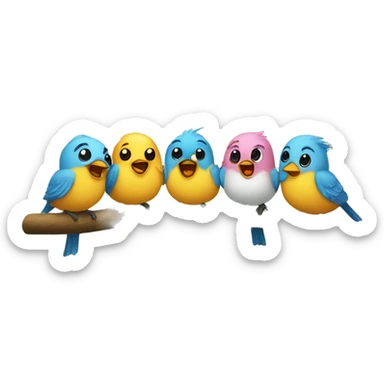 Five round, adorable little birds are chirping away on a tree branch. sticker