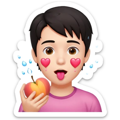 Cute boy, grown out dark hair, eating a peach, pink hearts floating , water dripping from mouth sticker