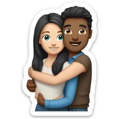 Friends hugging each other. Indian man with black hair. White woman, blue eyes and long light brown hair sticker