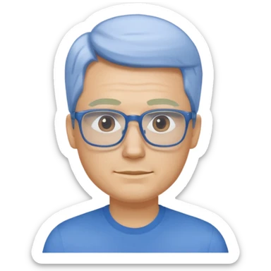 portrait of US man, wearing a blue shirt, square glasses, blonde hair sticker