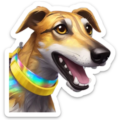  brindle brown black maroon striped lurcher Alsatian fox running blue eyes and iridescent holographic oilslick harness wearing paper iridescent tropical flower crown yellow caution tape sticker