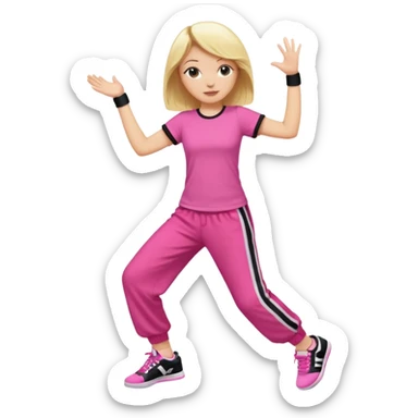 Hiphop dancer, with cute big pants, sneakers, and t-shirt. White girl blond. Coloufull shirt. No pocket pants. Dancing. No orange. Pink and black sticker