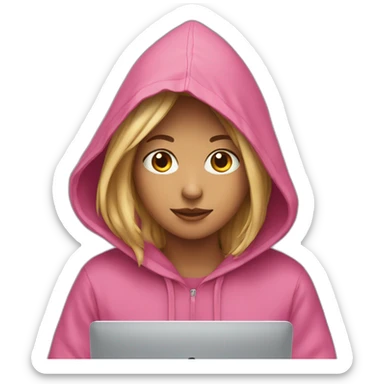 Young girl with a hood behind his computer sticker