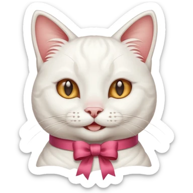 Head of a white cat, smiling, with a loose ribbon on top of its head
 sticker